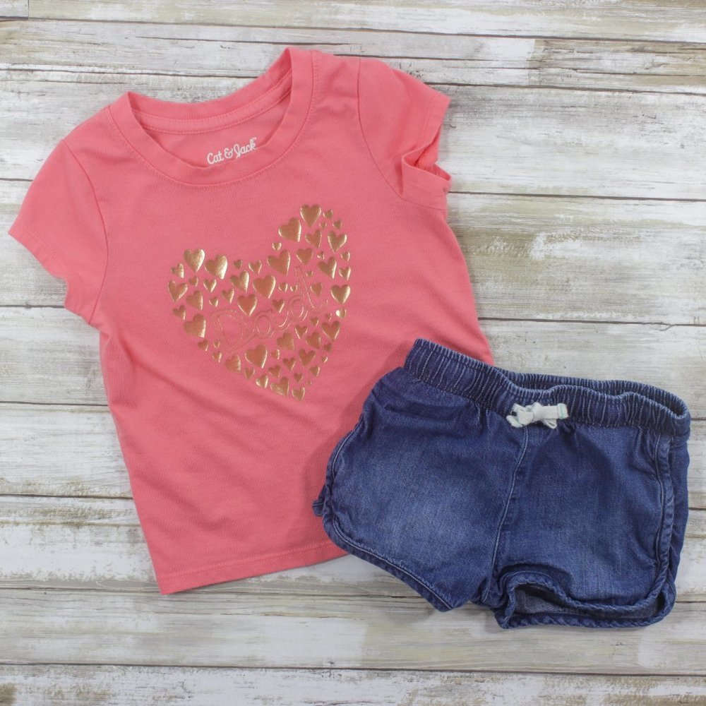 Cat & Jack "I Love Dad" Coral Shirt & Draw String Jean Shorts, 18M